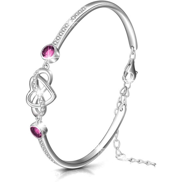 925 Sterling Silver Infinity Heart Birthstone Bangle Bracelet Adjustable for Wom - Picture 2 of 6